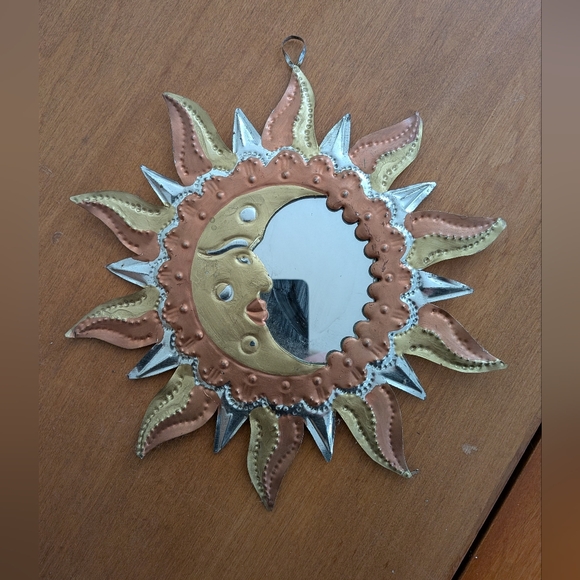 Other - Vintage Boho Mexican Tin Punch Art Mirror, Sun And Moon/Celestial Theme